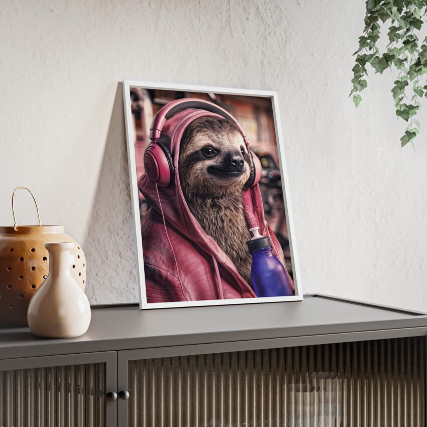 Posters: gym sloth with pink hoodie and headphones funny animals, black frame – Bild 19
