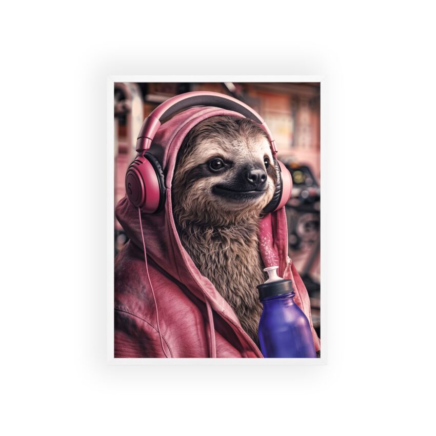 Posters: gym sloth with pink hoodie and headphones funny animals, black frame – Bild 21
