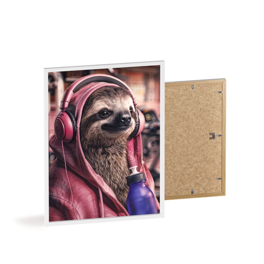 Posters: gym sloth with pink hoodie and headphones funny animals, black frame – Bild 18
